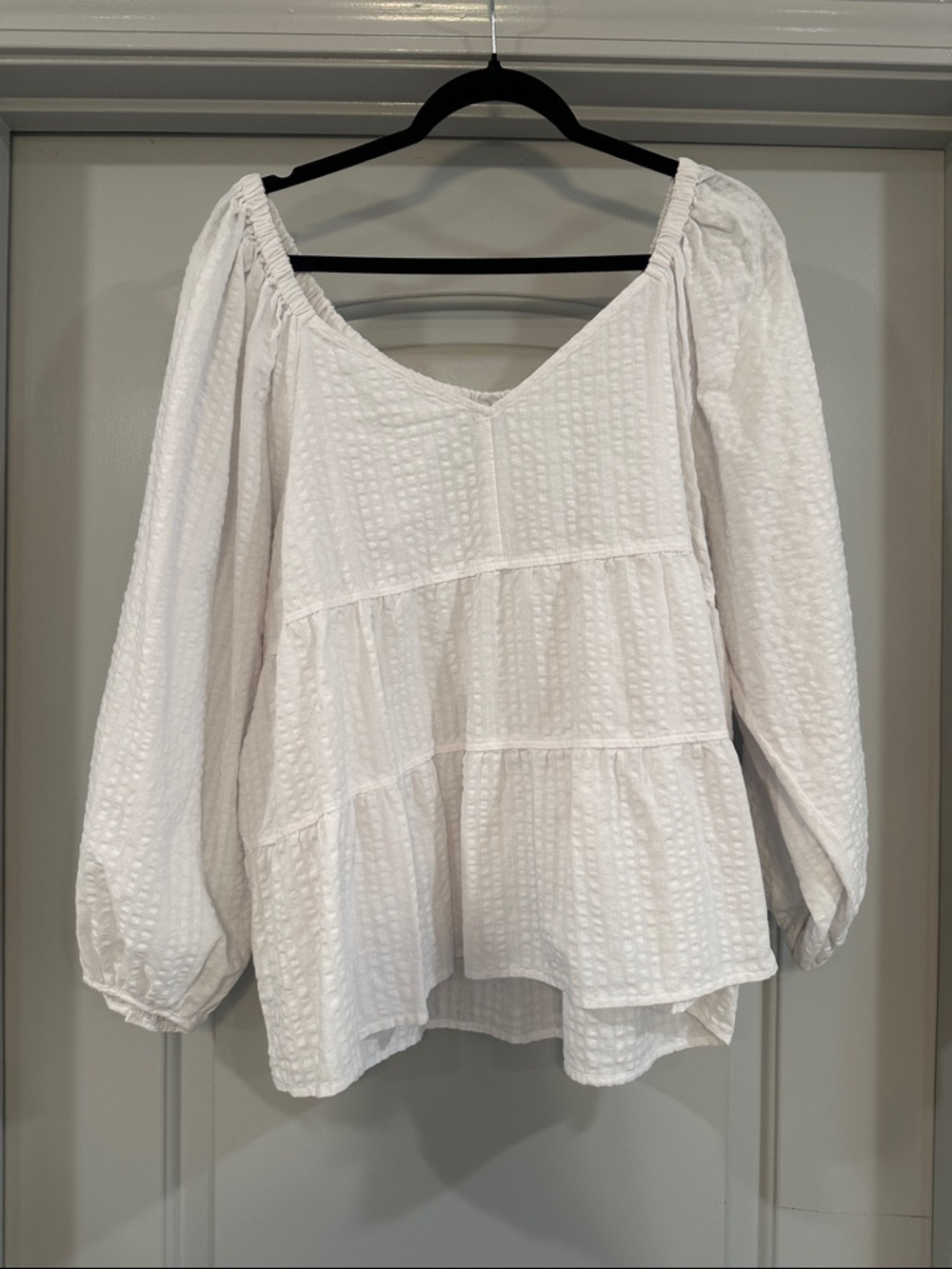 Old Navy White Tiered Peasant Top with Puff Sleeves